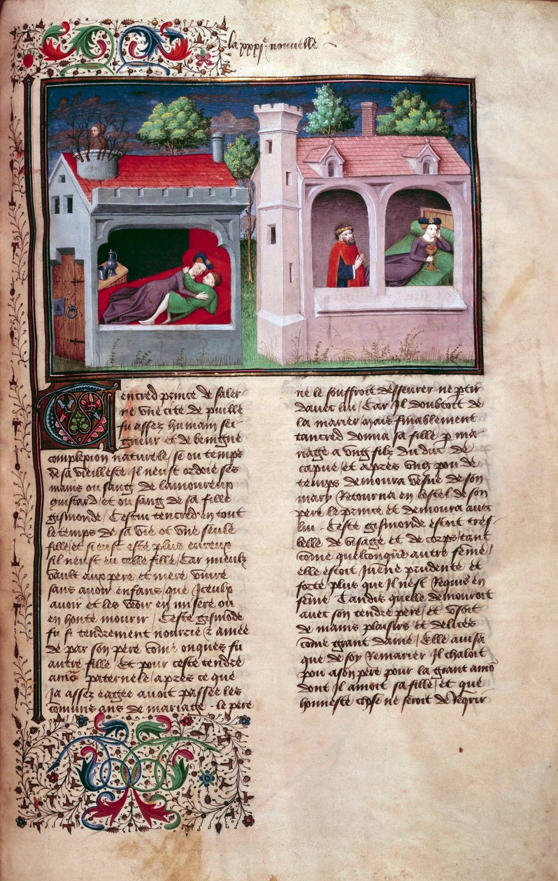 Galáns jelenet: két pár beszélget. Giovanni Boccaccio dit Jean Boccace (1313-1375) olasz író „Decameron” francia nyelvű kéziratának oldala, Mansel mestere által megvilágított. 1450. Párizs, Arzenál könyvtára alkotó: Master of Jean Mansel
