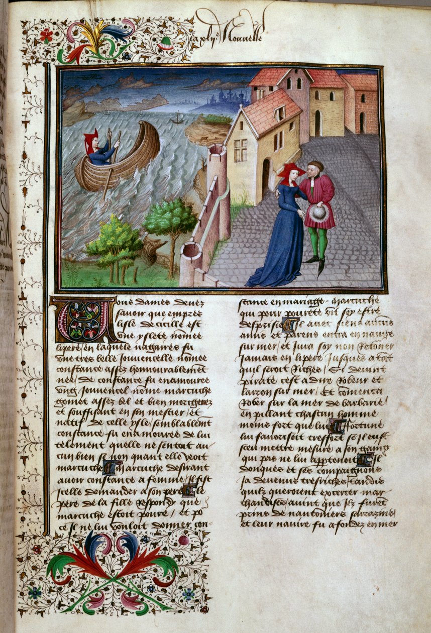 Az induló oldal Giovanni Boccaccio dit Jean Boccaccio (1313-1375) olasz író „Dekameron” című francia nyelvű kéziratából, Mansel mestere által megvilágított. 1450. Párizs, Arzenál könyvtára alkotó: Master of Jean Mansel