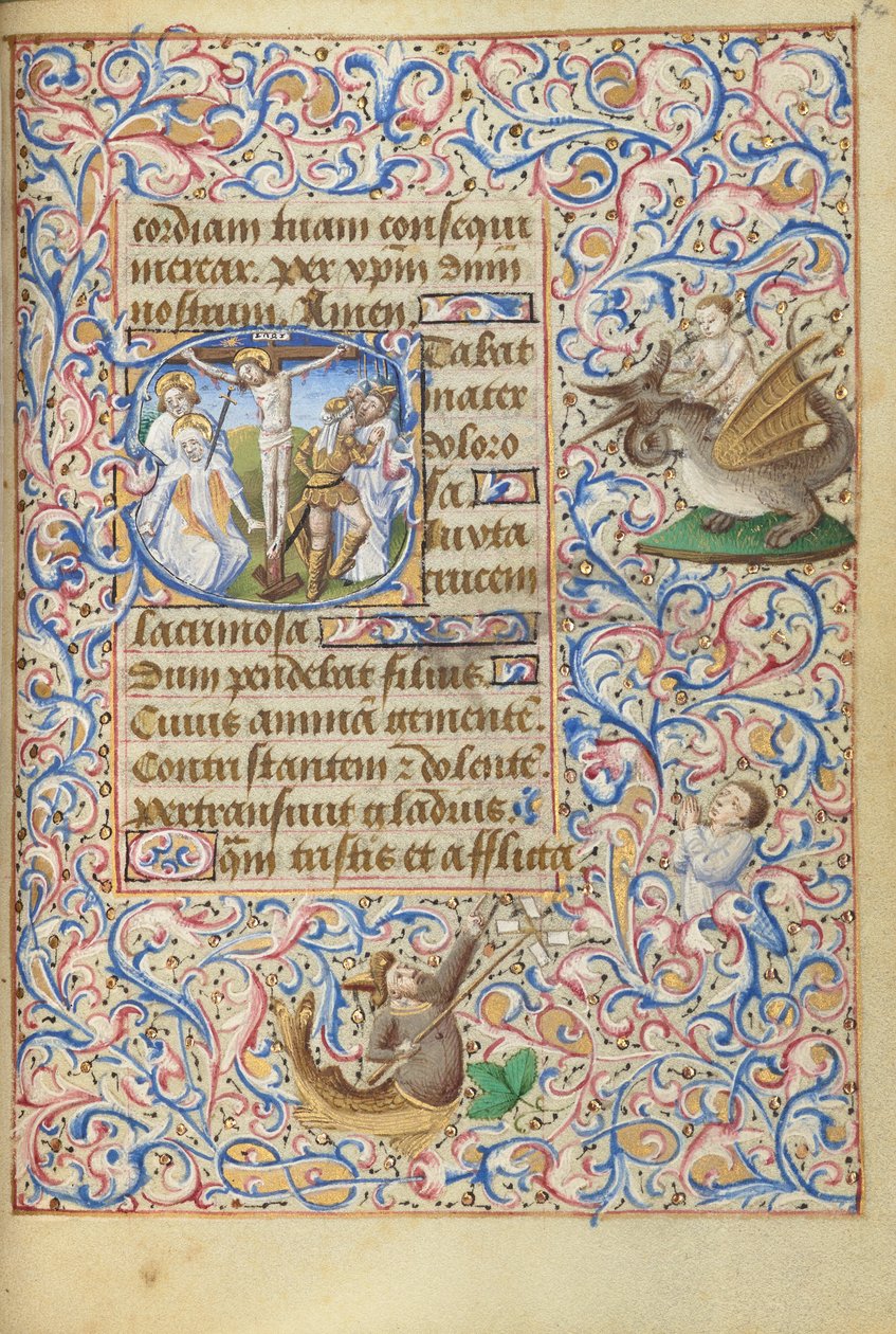 Kezdeti S: A keresztre feszítés a Szűzanya karddal átszúrt szívével alkotó: Master of Jean Rolin II (Hand B)
