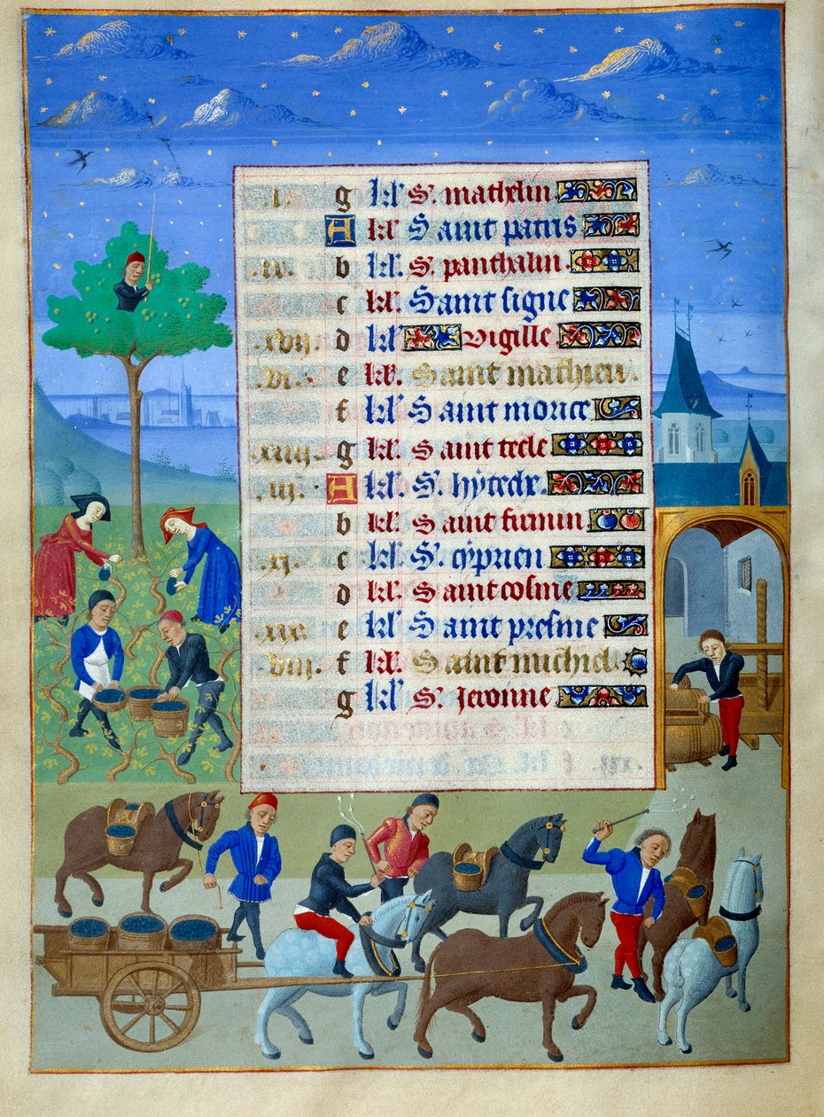 A savoyai adelaidei mester (15. század) és Jean Rolin mestere (15. század) „Burgundiai hercegnő óráinak könyve, Savoyai Adelaide” című megvilágított kézirat szőlőszüret és szállítási oldala alkotó: Master of Jean Rolin II