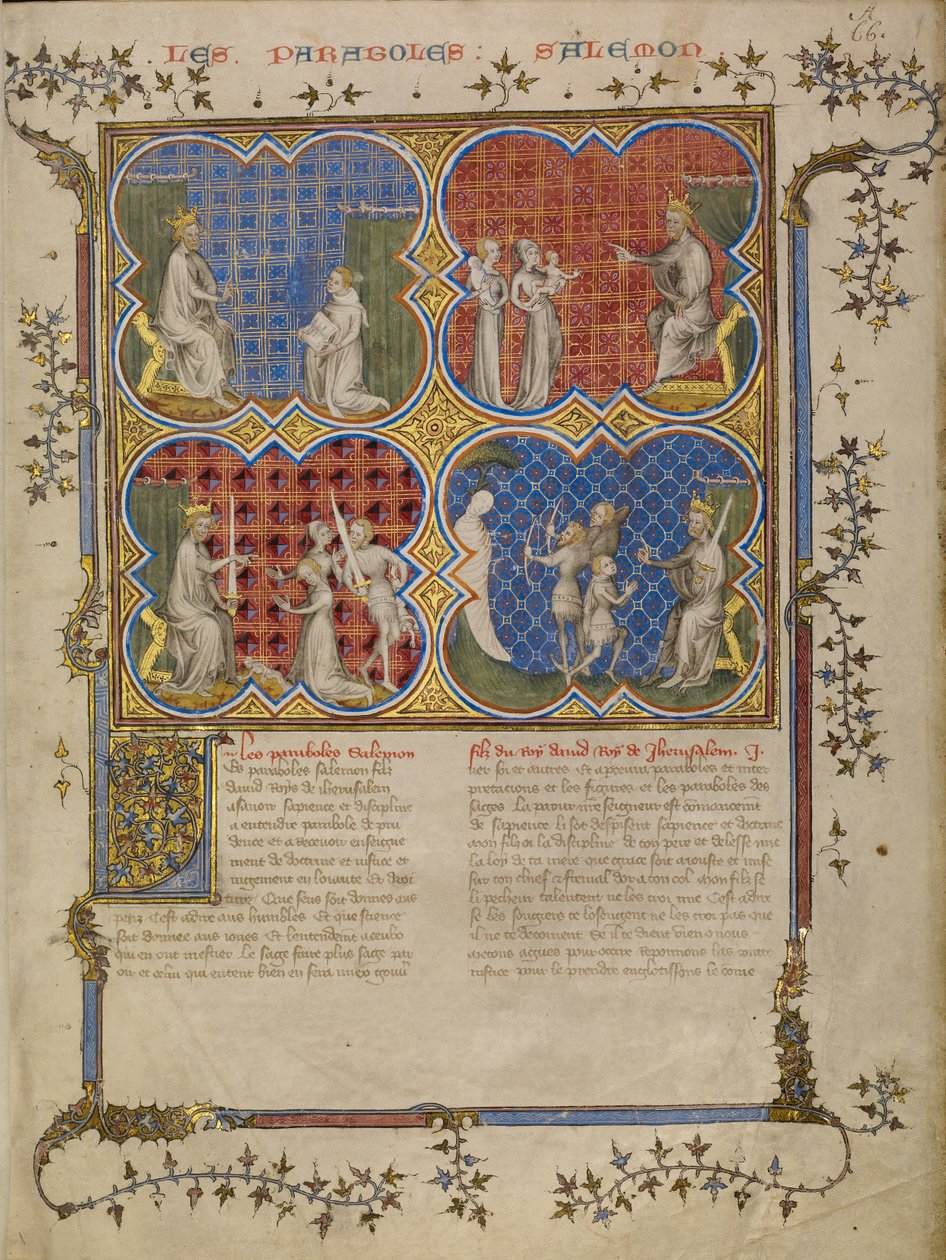 Salamon tanítása Rehoboámnak; Salamon ítélete; Salamon három testvér legitimitásának tesztelése alkotó: Master of Jean de Mandeville