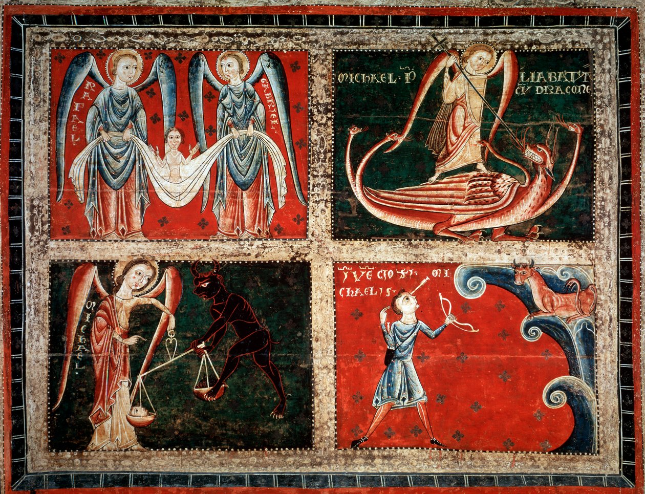Rafael, Michel és Gabriel arkangyalok (Mihály, Gabriel és Rafael arkangyalok) Llussa mesterének festménye (Llussa mesterének festménye) 1220-1250 A Santa Maria de Lluca kolostorból, Spanyolország Barcelona Museu Nacional d