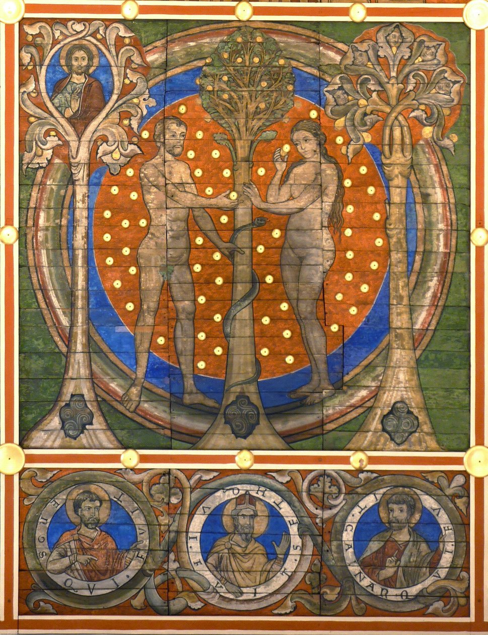 gát és Éva. Részlet a hildesheimi Szent Mihály-templom festett famennyezetéről, 1230 körül alkotó: Master of Lower Saxony