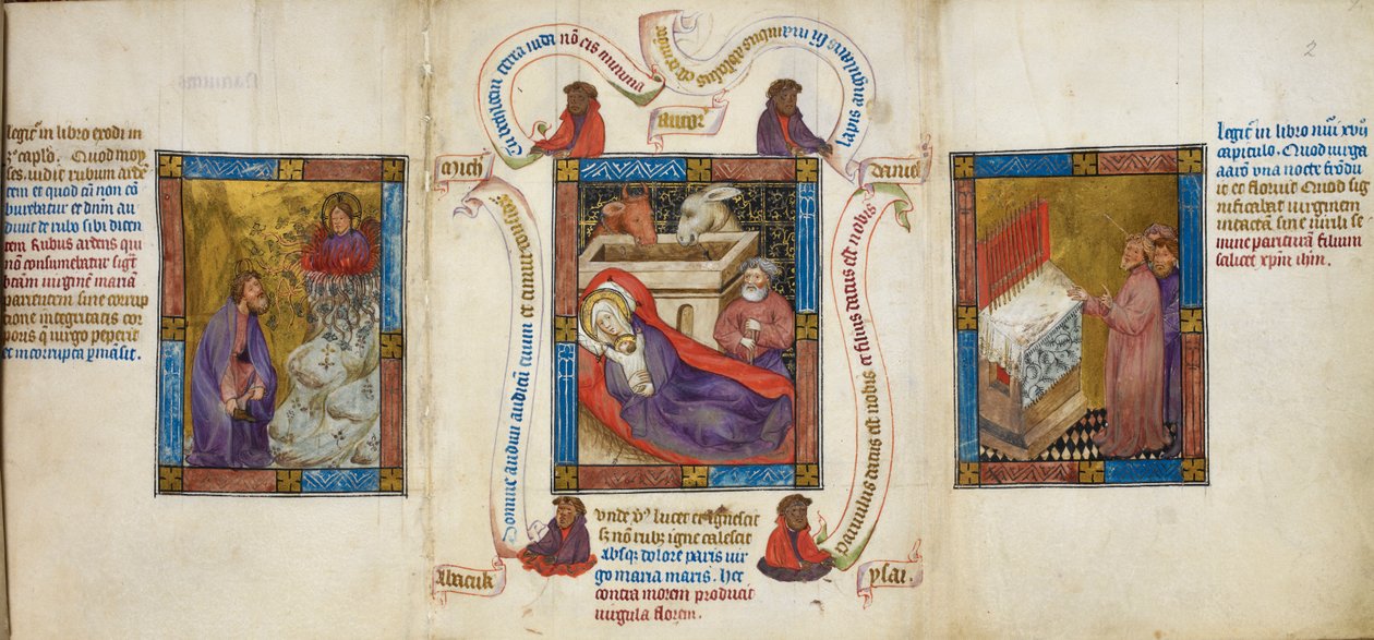 Három jelenet a „Születés”, „Mózes és az égő bokor” és az „Áron rúdjának bimbózása”, illusztráció a „Biblia Pauperum”-ból alkotó: Master of Margaret of Cleves