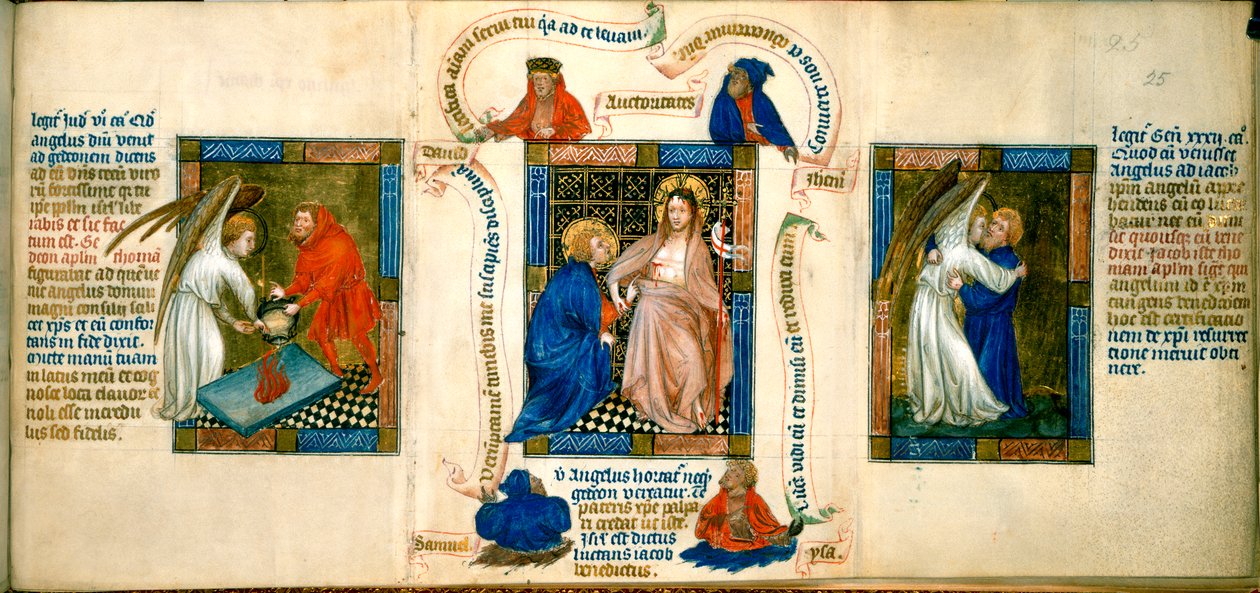 Három jelenet: „Krisztus meggyőzi Tamást”, „Gideom áldozata” és „Jákób birkózik az angyallal”, illusztráció a „Biblia Pauperum”-ból alkotó: Master of Margaret of Cleves