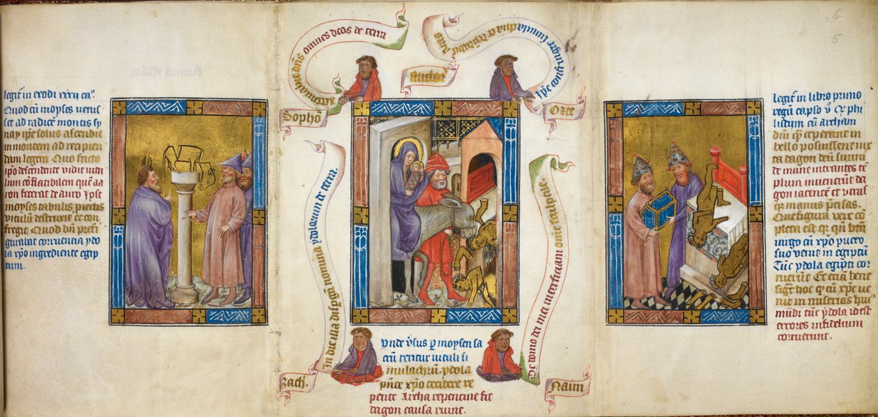 Három jelenet a „repülés Egyiptomba”, „Mózes, aki megtöri az aranyborjút” és a „Dagon a bárka előtt zuhan” ábrázolása, illusztráció a „Biblia Pauperum”-ból alkotó: Master of Margaret of Cleves