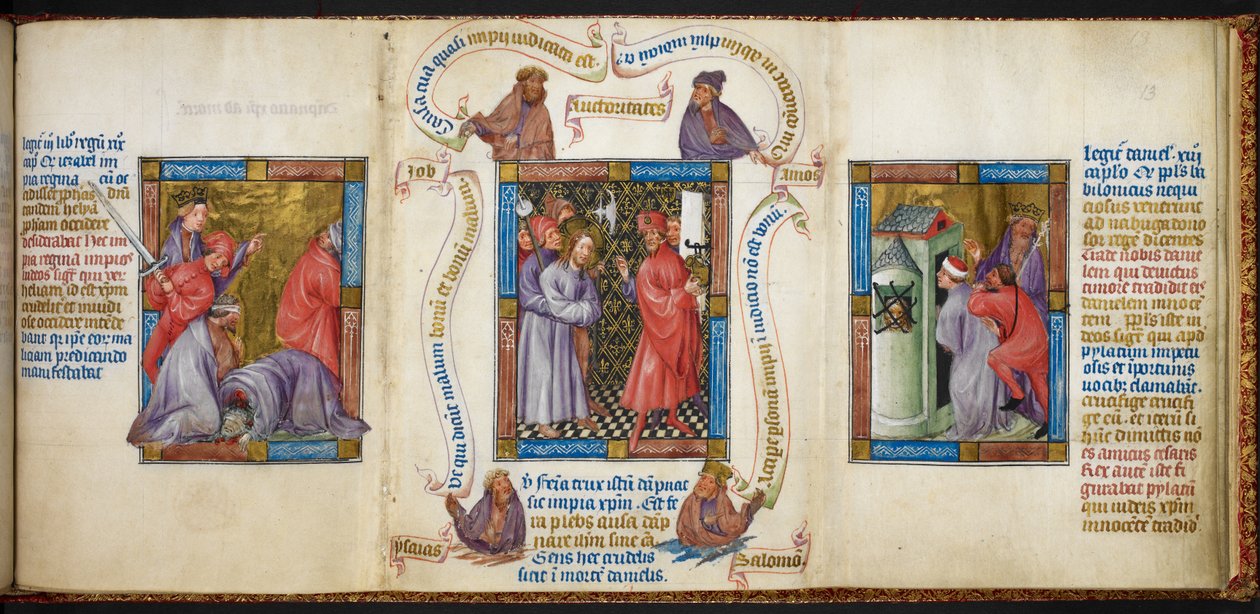 Három jelenet a „Próféták megölése”, „Krisztus Pilátus előtt” és „Dániel bebörtönzése” című jelenet, illusztráció a „Biblia Pauperum”-ból alkotó: Master of Margaret of Cleves