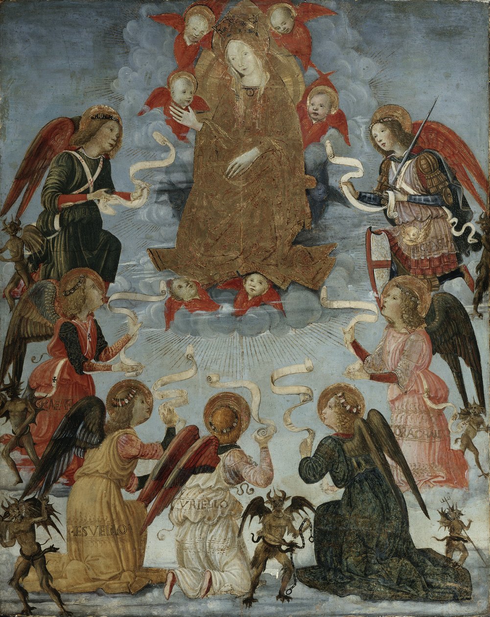 Szűz a dicsőségben hét arkangyallal körülvéve, 1490-1500 körül alkotó: Master of Marradi