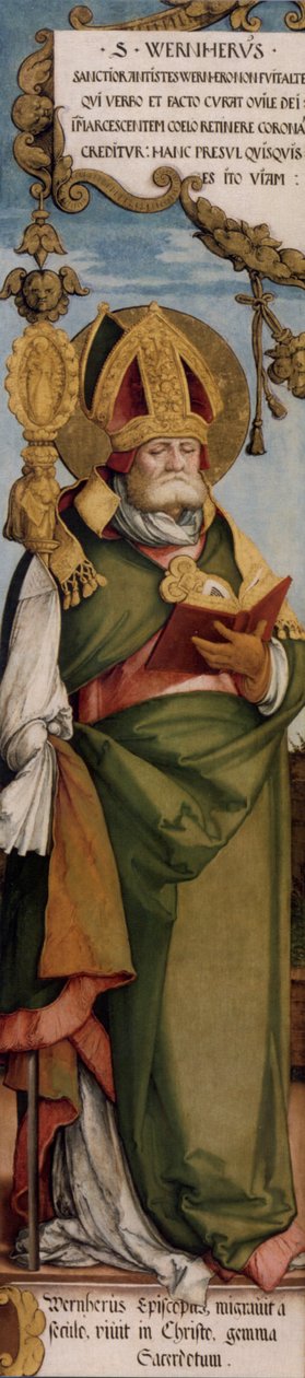 A Szent Márton-templom egykori főoltárának bal forgószárnyán kívül St. Werner merseburgi püspök; Maastricht, Bonnefanten Múzeum, leltári sz. N.K. 1633 alkotó: Master of Messkirch
