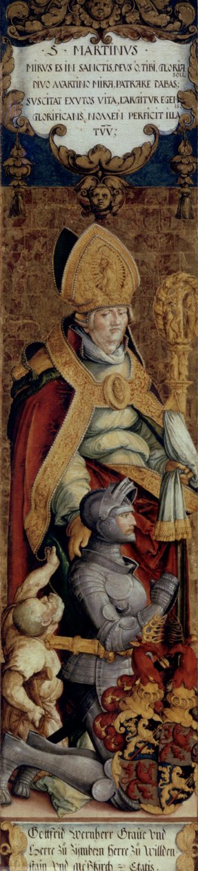 Német: Der Heilige Martin mit Bettler und dem Stifter Gottfried Werner von Zimmern Szent Márton a koldussal és az adományozóval Gottfried Werner of Zimmern alkotó: Master of Messkirch