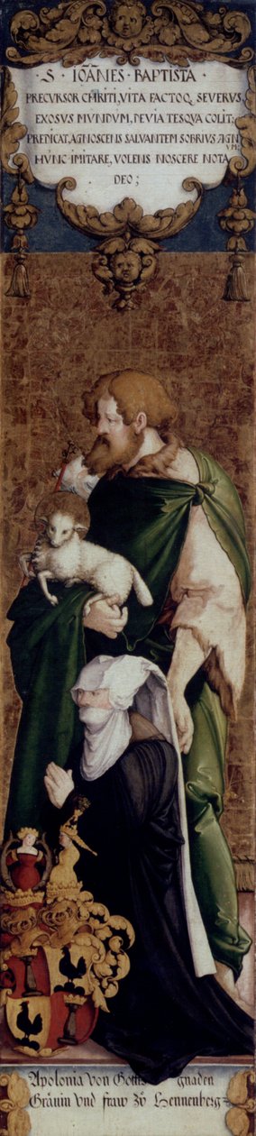 Németül: Der hl. Johannes der Täufer mit der Stifterin Apollonia von Henneberg A szent Keresztelő Szent János és az adományozó Hennebergi Apollonia között. alkotó: Master of Messkirch