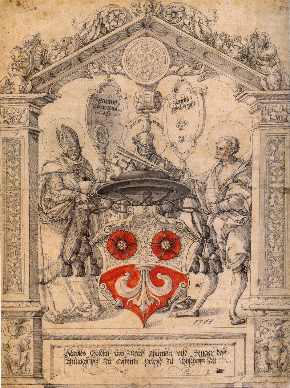 Német: Göldlin Hercules korongfaragása Szent Konráddal, Pelagiusszal és Péterrel. alkotó: Master of Messkirch