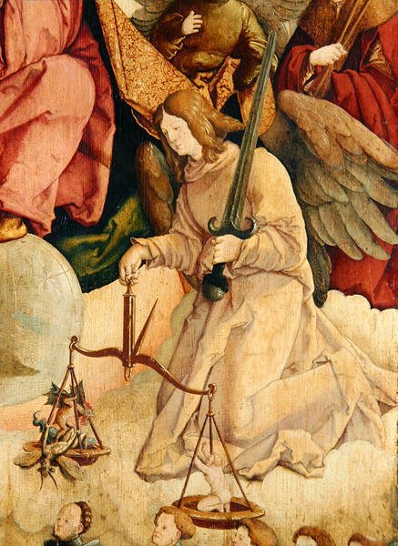 Szent Mihály súlyzó lelkek, részlet a „The Holy Trinity” című filmből (olaj a táblán) alkotó: Master of Messkirch