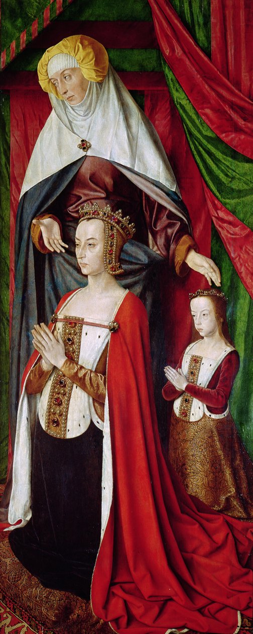A Bourbon-oltár, jobb oldali tábla, amely Szent Annát ábrázolja, bemutatja Franciaország Annát (1476-1514) és lányát, Bourbon Suzanne-t (1491-1521) 1498 körül alkotó: Master of Moulins