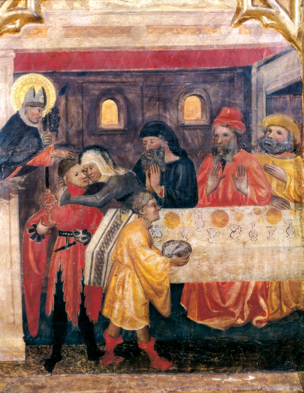Szent Miklós, Szent Klára és Szent Antal oltárképe. Részlet. Jelenet Szent Miklós Tabla életéből con escena de la vida de San Nicolas. OBISPO GALIANA mesterének festménye (14. század). A portói Sant Nicolas Vell templomból, P alkotó: Master of Obispo Galiana