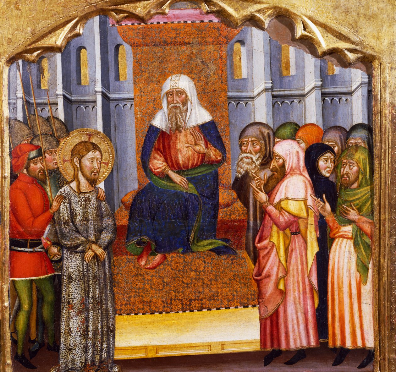 Jézus tárgyalása, Rubio mestere (14. század), a Santa Maria-templom oltárképének predellája, Rubio, fára festve. alkotó: Master of Rubió