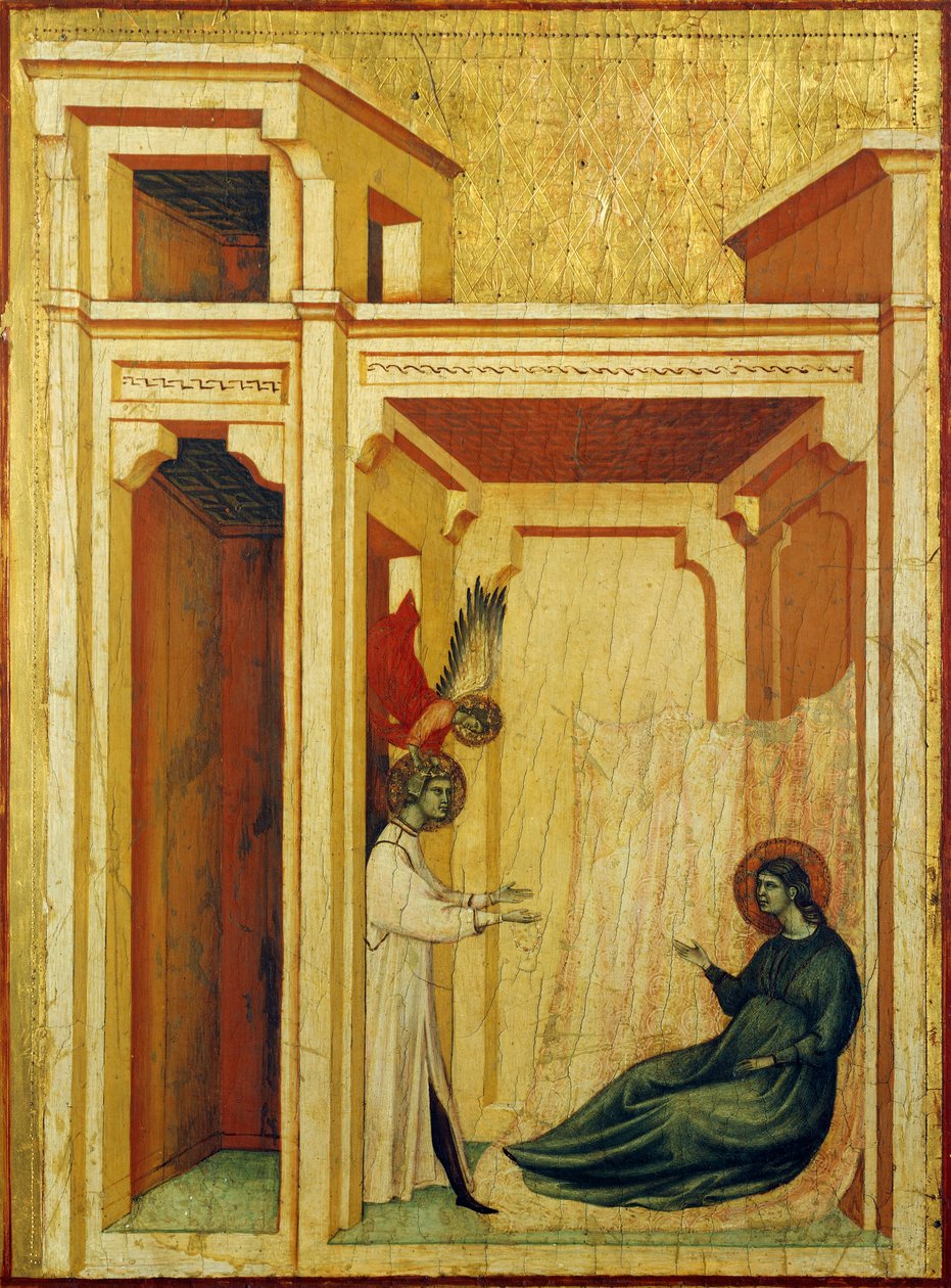 Valerianust rózsákkal és liliomokkal koronázó angyal, részlet Szent Cecília legendáját ábrázoló oltárképből, 1304 körül, Szent Cecília mestere (aktív 14. század eleje), tempera a táblán és aranylevél pecséttel, 85x181 cm alkotó: Master of Saint Cecilia