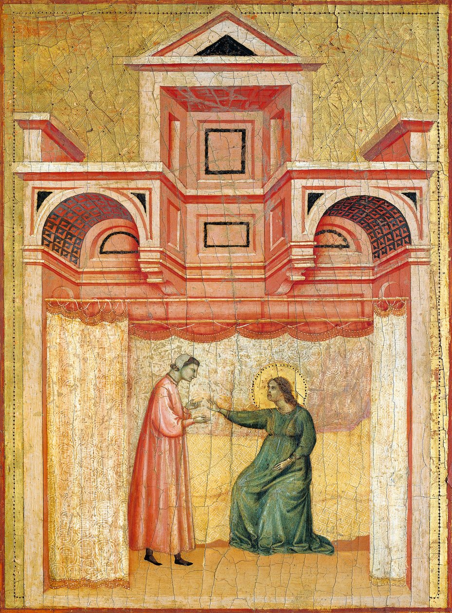 Cecilia, aki ráveszi férjét, Valerianust a keresztségre, részlet Szent Cecília legendáját ábrázoló oltárképről, 1304 körül, Szent Cecília mesterétől (aktív 14. század eleje), tempera táblán és aranylevél pecséttel, 85x181 cm alkotó: Master of Saint Cecilia