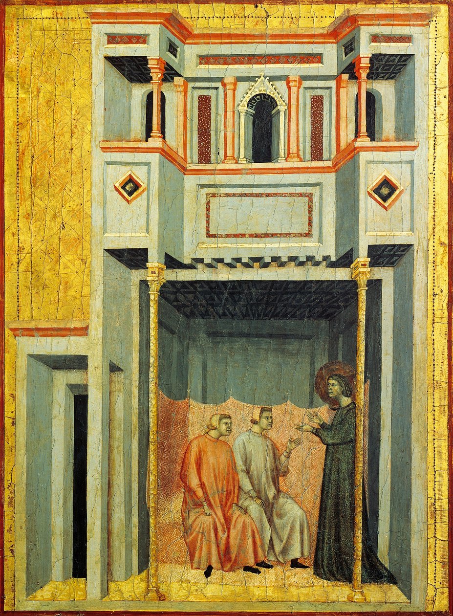 Szent Cecília és Valerian átalakító Tiburcio, részlet a Szent Cecília legendáját ábrázoló oltárképből, 1304 körül, Szent Cecilia mestere (aktív 14. század eleje), tempera a táblán és aranylevél pecséttel, 85x181 cm alkotó: Master of Saint Cecilia