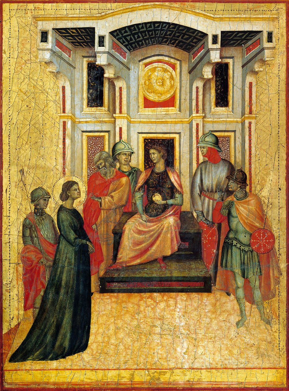 Szent Cecília a hitvallást állítja szembe a prefektussal, részlet Szent Cecília legendáját ábrázoló oltárképből, 1304 körül, Szent Cecília mesterétől (aktív 14. század eleje), tempera a táblán és aranylevél pecséttel, 85x181 cm alkotó: Master of Saint Cecilia