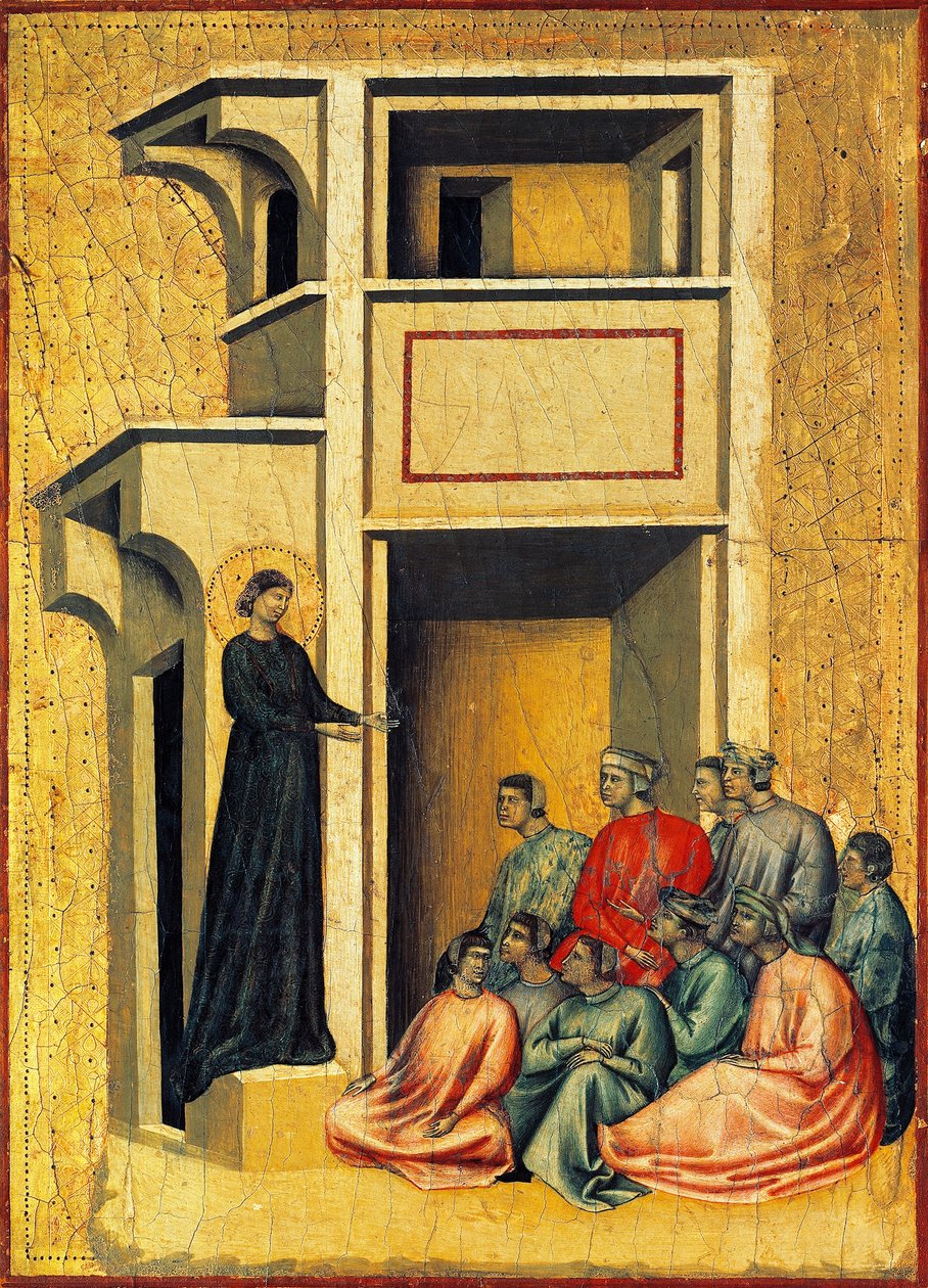 Szent Cecília prefektus katonáit térítő, részlet Szent Cecília legendáját ábrázoló oltárképből, 1304 körül, Szent Cecília mestere (aktív 14. század eleje), tempera táblán és aranylevél pecséttel, 85x181 cm alkotó: Master of Saint Cecilia