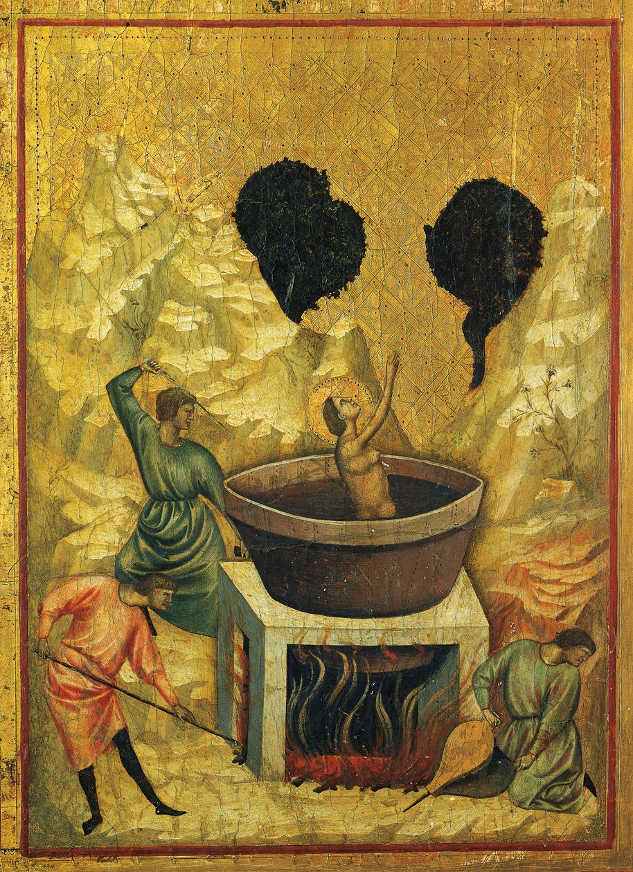Szent Cecília forrásban lévő vízfürdőben, az oltárkép részlete Szent Cecília történetei, kb 1304, Szent Cecília mestere (aktív 14. század eleje), tempera táblán és pecsétes aranylevél, 85x181 cm alkotó: Master of Saint Cecilia