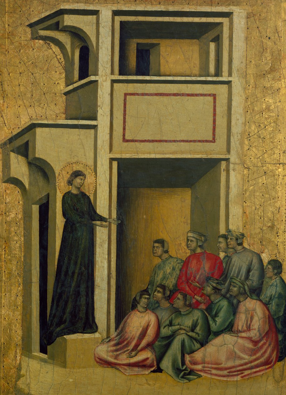 Szent Cecília emberek csoportjához beszél, jelenet a Santa Ceciliából és életének nyolc epizódja alkotó: Master of Saint Cecilia