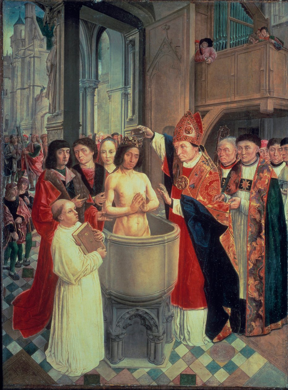 I. Clovis megkeresztelkedése Reimsben Szent Remi által 496. december 25-én (vagy 499-én), c. 1490-1510 (olaj a panelen) alkotó: Master of Saint Giles