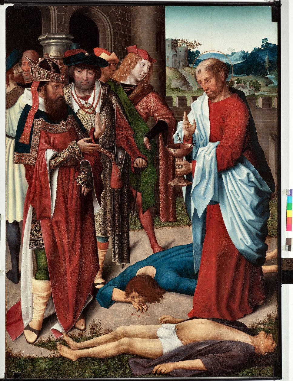 Epizód Szent János evangélista életéből: „A méregpohár csodája” (Szent János evangélista élete, Szent János egy csésze mérget iszik) San Giovanni evangelista (Szent János evangélista) mesterének festménye (15. vége század) Mérete 120x90 cm Ált alkotó: Master of Saint John Evangelist