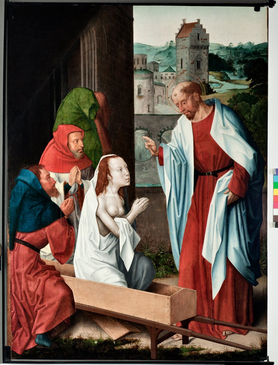 Epizód Szent János evangélista életéből: „” Drusiana feltámadása”” (Szent János evangélista élete, Drusiana feltámadása) San Giovanni evangélista (Szent János evangélista) mesterének festménye (XV. század vége) Dim 120x90 cm gének, alkotó: Master of Saint John Evangelist