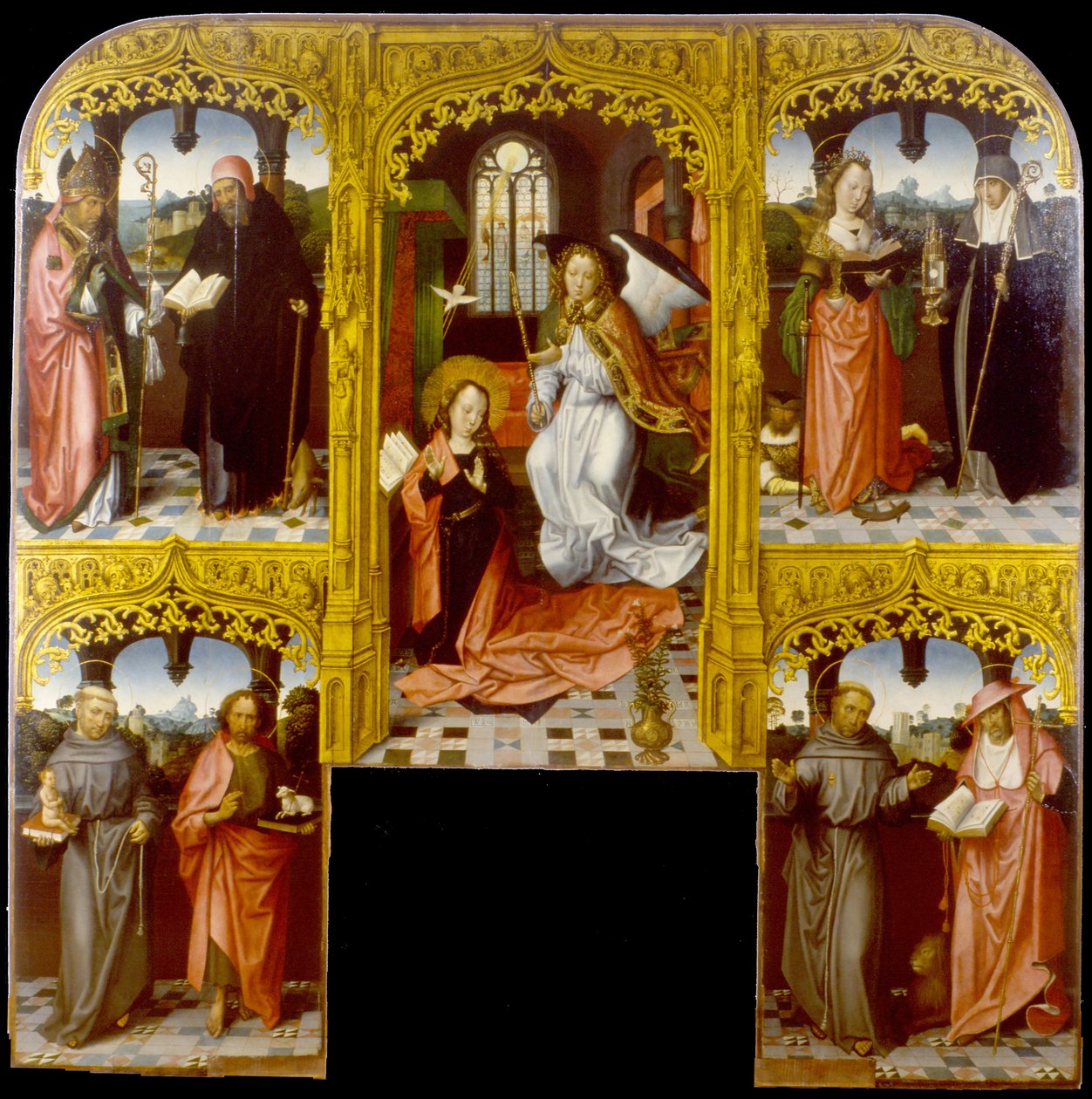 Az üdvözlet Szent Lázárral és Antony Abbot -val, Alexandriai Katalin és Chiara, Padovai Antal és Keresztelő János, Ferenc és Jeromos alkotó: Master of Saint John the Evanglist