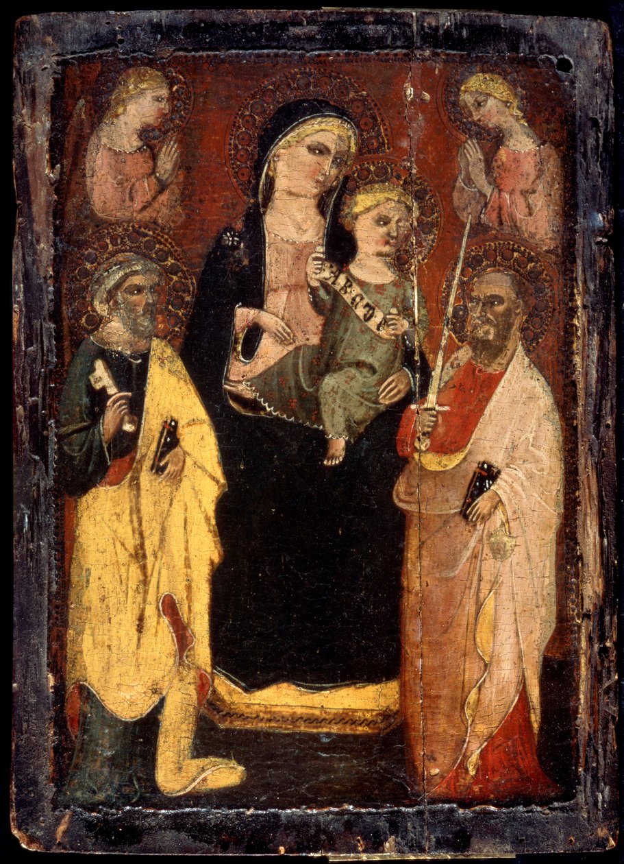 „Madonna és gyermeke Szent Péterrel és Pállal trónol”, 1400 alkotó: Master of San Jacopo a Muciano
