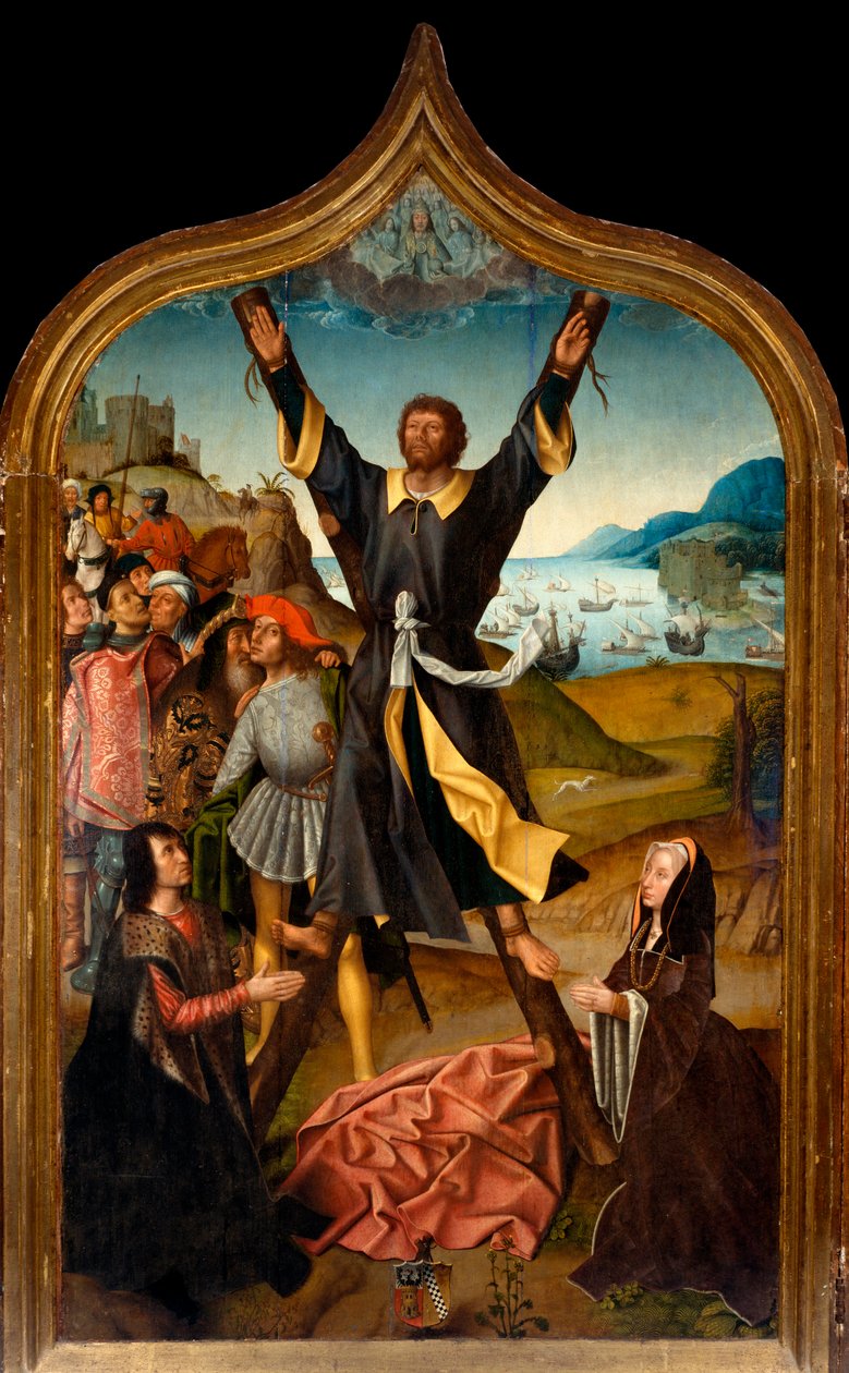 Triptikus: „” Szent András mártíromsága”” San Lorenzo mesterének festménye. San Lorenzo della Costa plébánia, Santa Margherita Ligure (Genova) alkotó: Master of San Lorenzo