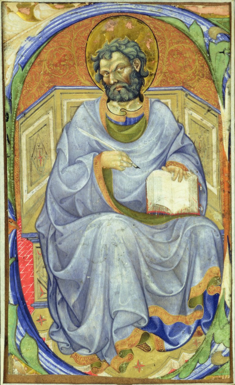 Ülő evangélistát ábrázoló, történeti "S" betűs kezdőbetű alkotó: Master of San Michele of Murano