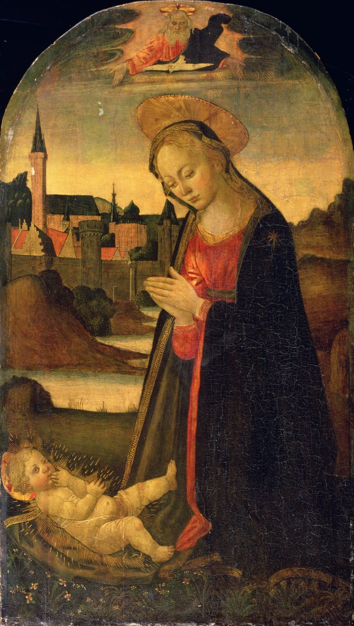 A gyermeket imádó Madonna, Város a folyón túl, 1478 körül (olaj, tábla) alkotó: Master of San Miniato