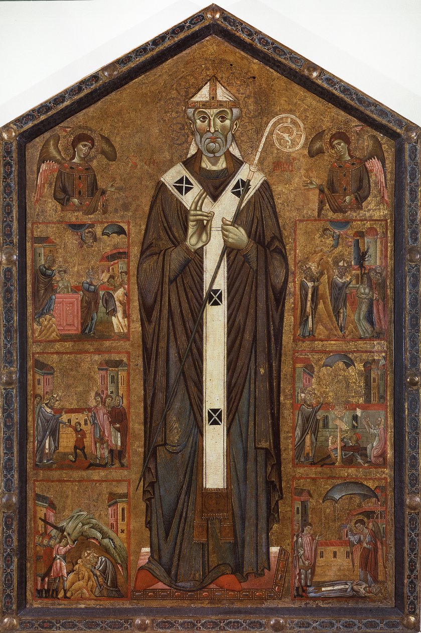 Szent Veranus két angyal között és legendájának hat története között, 13. század vége alkotó: Master of San Verano