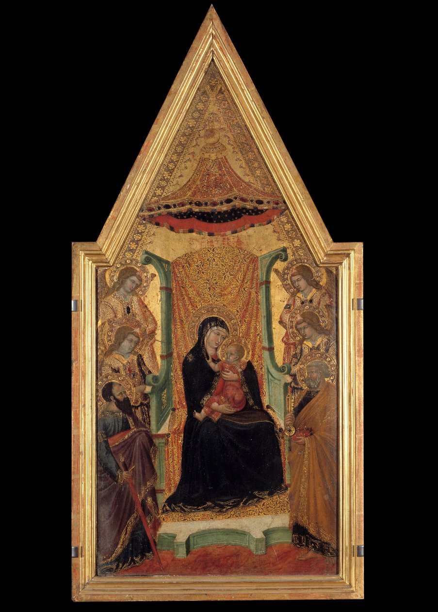A Szűz fenségben Szent Pál, Szent Péter és négy angyal között Santa Maria mesterének oltárképe (14. század). Mérete 0,28 x 0,58 m. Avignon, Musee du Petro Palais alkotó: Master of Santa Maria di Castello