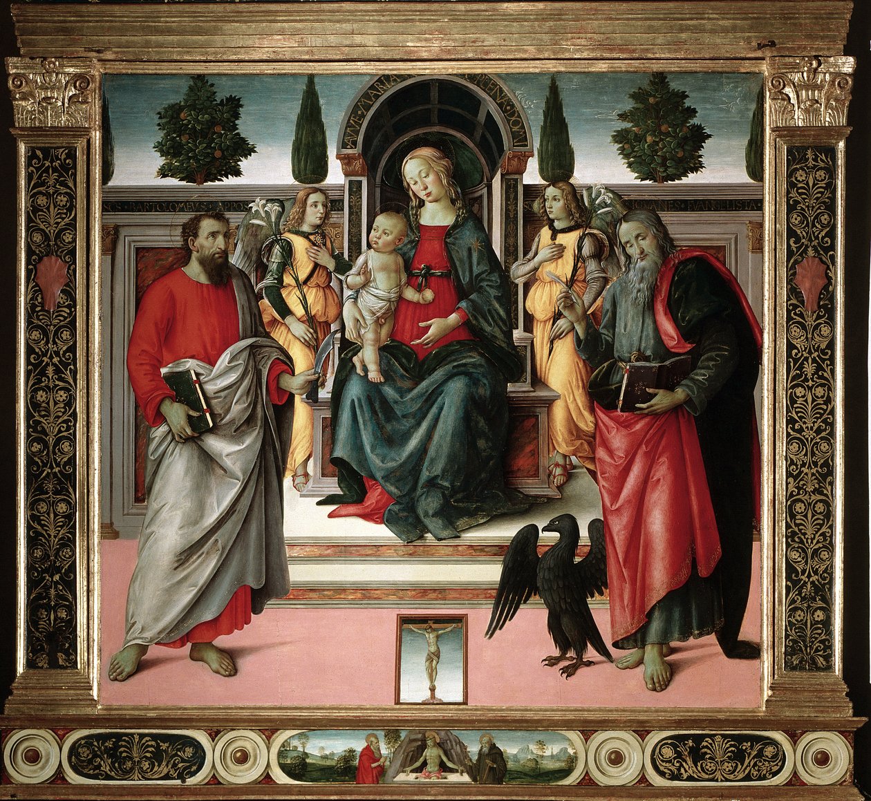 Szűz gyermekével Szent Jánossal és Szent Bertalannal Santo Spirito mesterének festménye (15. század) Firenze, Santo Spirito templom, Olaszország alkotó: Master of Santo Spirito