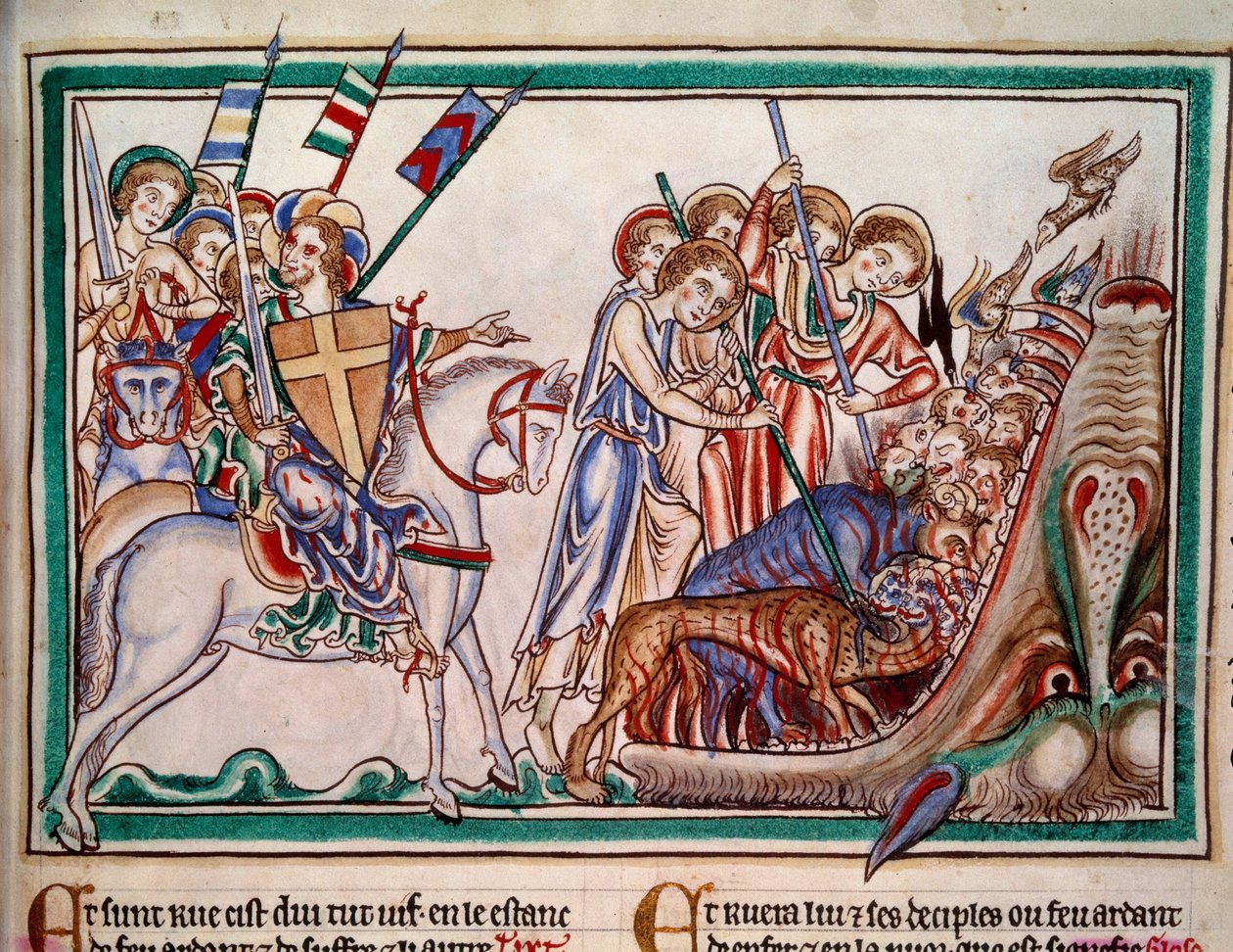 Az Úr és Armee (ost) kicsapja Betét és imádóit a pokolban. Minatúra az „Apocalypse historiee” kéziratból”, Folio 38. 1250. Sarum mesterének megvilágítása. Párizs, NL alkotó: Master of Sarum