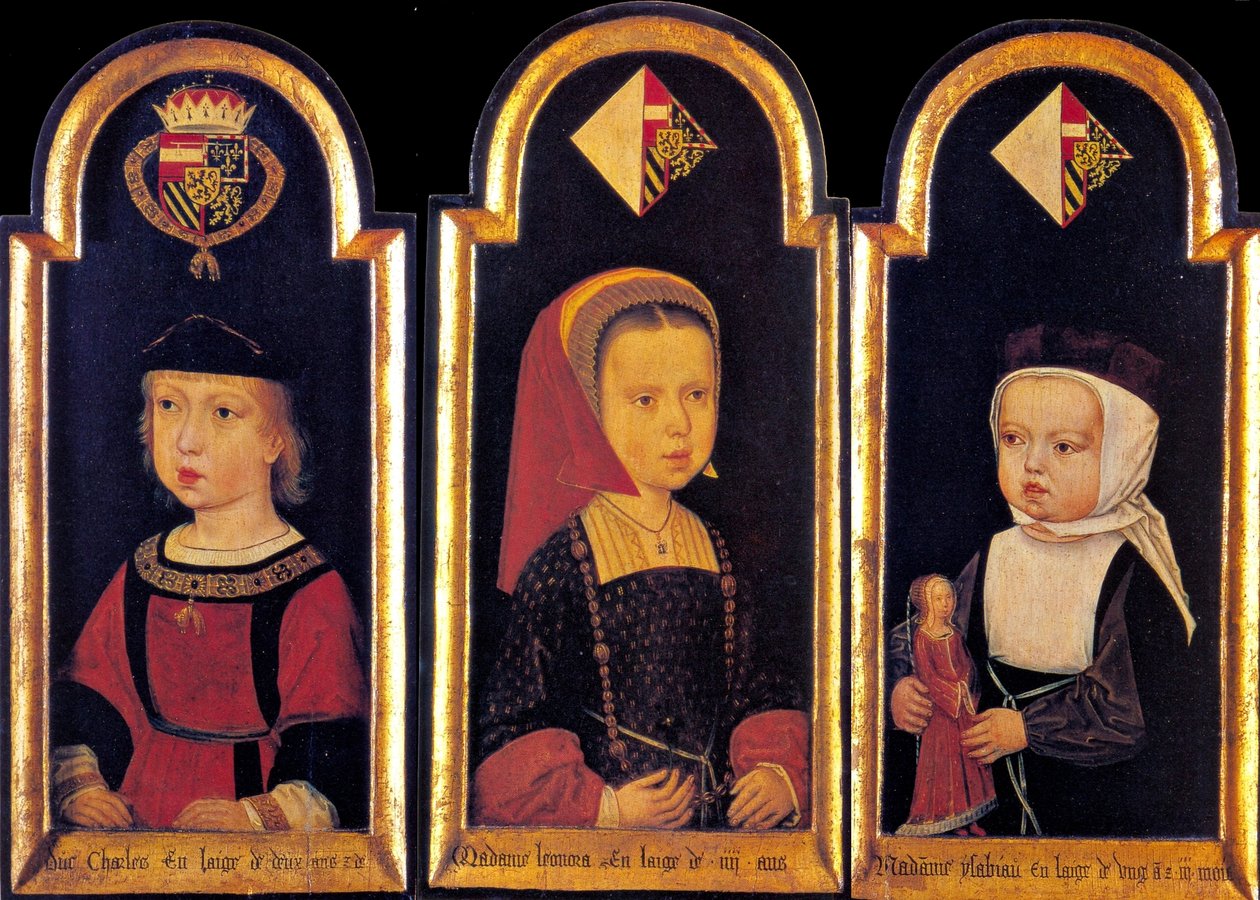 Károly főherceg, a későbbi V. Károly szent-római császár, nővéreivel, Eleonorral és Izabellával 2 évesen, 1502 alkotó: Master of St.Georgsgilde