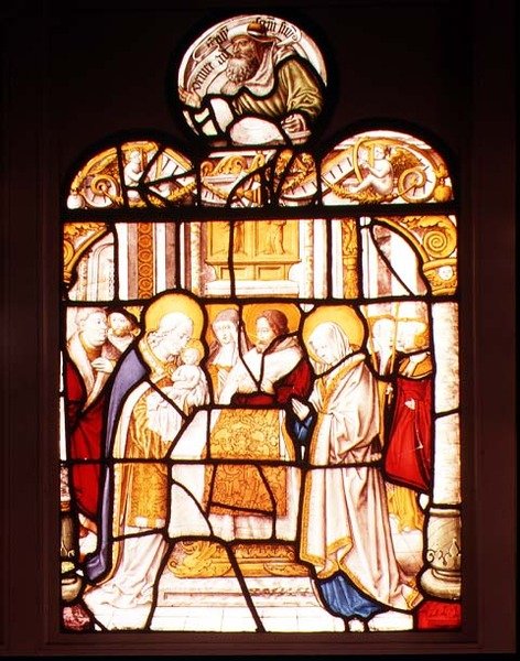 Bemutató a templomban; ablak a cisztercita Mariawaldi apátságból, Eifel alkotó: Master of St. Severin