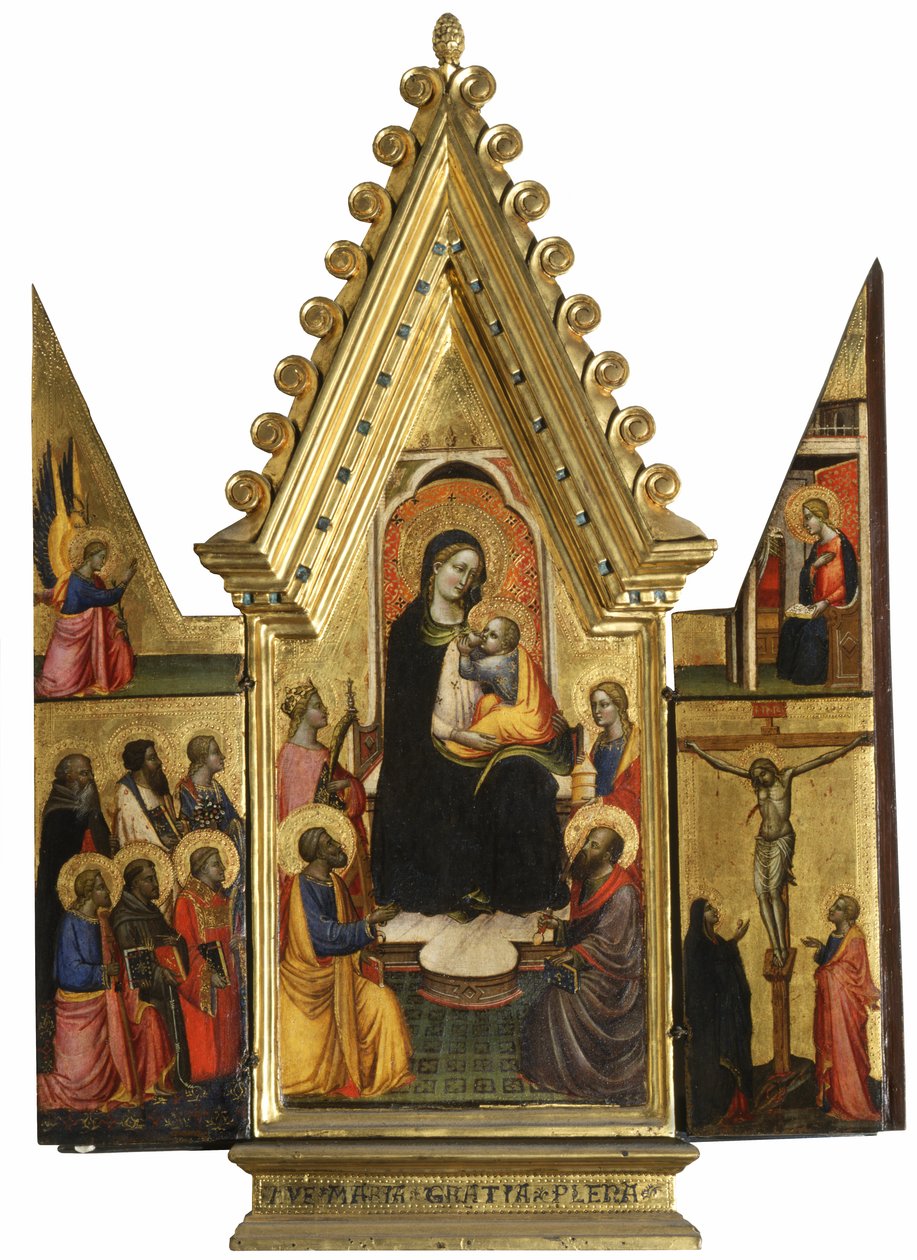 Triptichon: Szűz Mária és gyermeke szentekkel, angyalokkal és a keresztre feszítéssel alkotó: Master of St. Verdiana