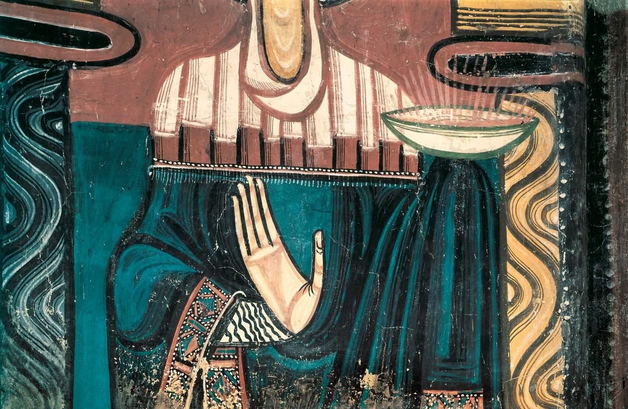 A Szűz. Részlet. Taull Szent Kelemen mesterének freskója. 1123 kb. A Saint Clement de Taull-templom apszisából (Sant Climent in Taull). Katalónia Nemzeti Művészeti Múzeum, Barcelona. alkotó: Master of Tahull