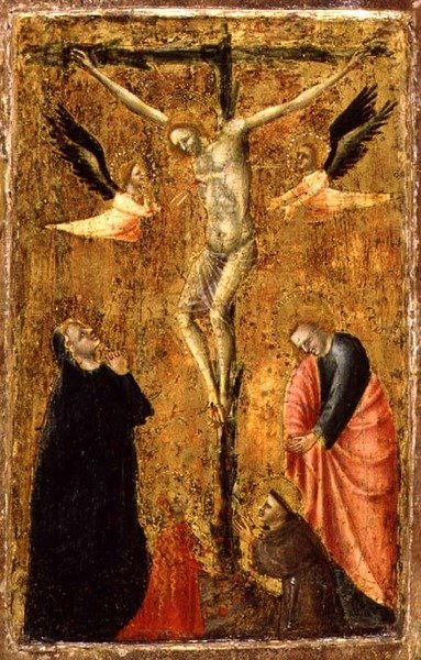 PD.8-1955 A keresztre feszítés a Szűzanyával és az SS-szel. János evangélista, Assisi Ferenc és Mária Magdolna, 1345 körül (tempera a panelen) alkotó: Master of Verrucchio