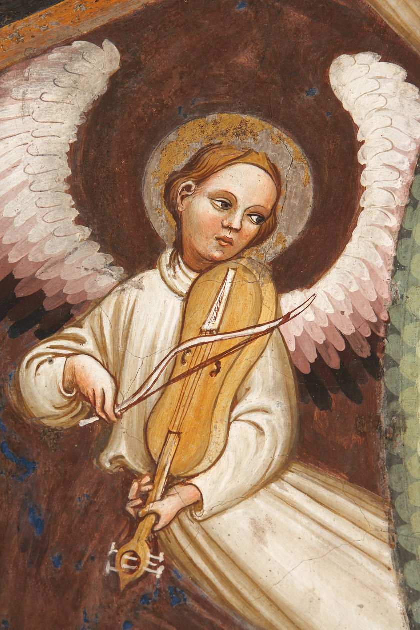 "Szűz mennybemenetele" és "Szűz Mária, aki ledobta az övet vagy a Szent Övet Szent Tamásnak", Részlet egy zenélő angyalról és egy hegedűről, 1420 körül (freskó) alkotó: Master of Vignola