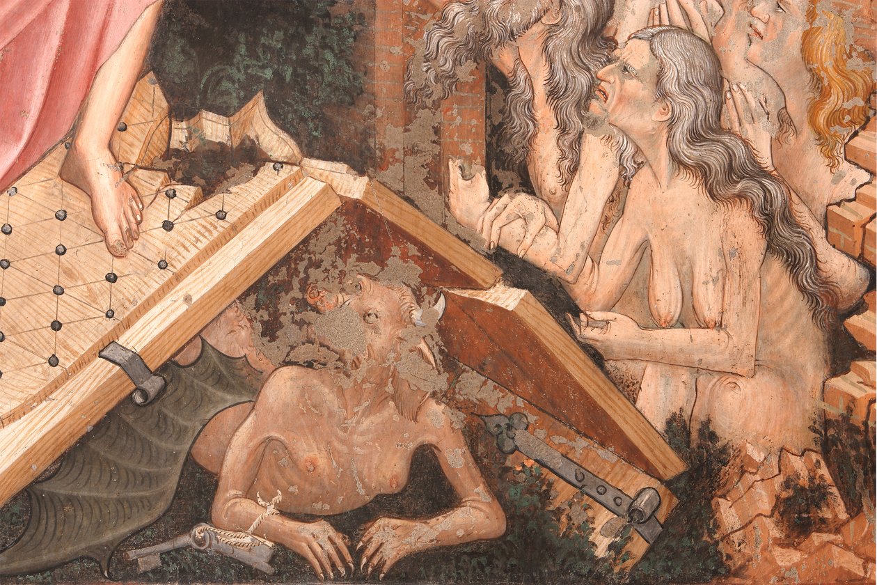 "Resurrection" és "Descent to Limbo", Részlet a "Descent into Limbo"-ból: a Pokol kapui és az Ördög alakja a földön, 1420 körül (freskó) alkotó: Master of Vignola
