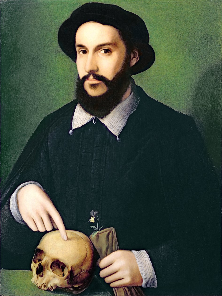 Egy úriember portréja jobb kezével egy koponyára mutat, 1540 körül alkotó: Master of the 1540s