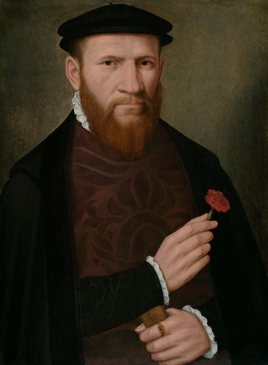 Egy férfi portréja, jobb kezével vörös szegfűt és baljában kesztyűt tart, 1540-51 alkotó: Master of the 1540s