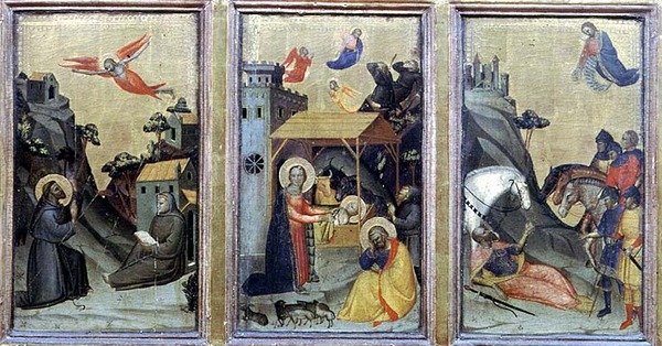 Szent Ferenc stigmái, Szent Pál születése és megtérése (tempera a panelen) alkotó: Master of the Accademia Misericordia