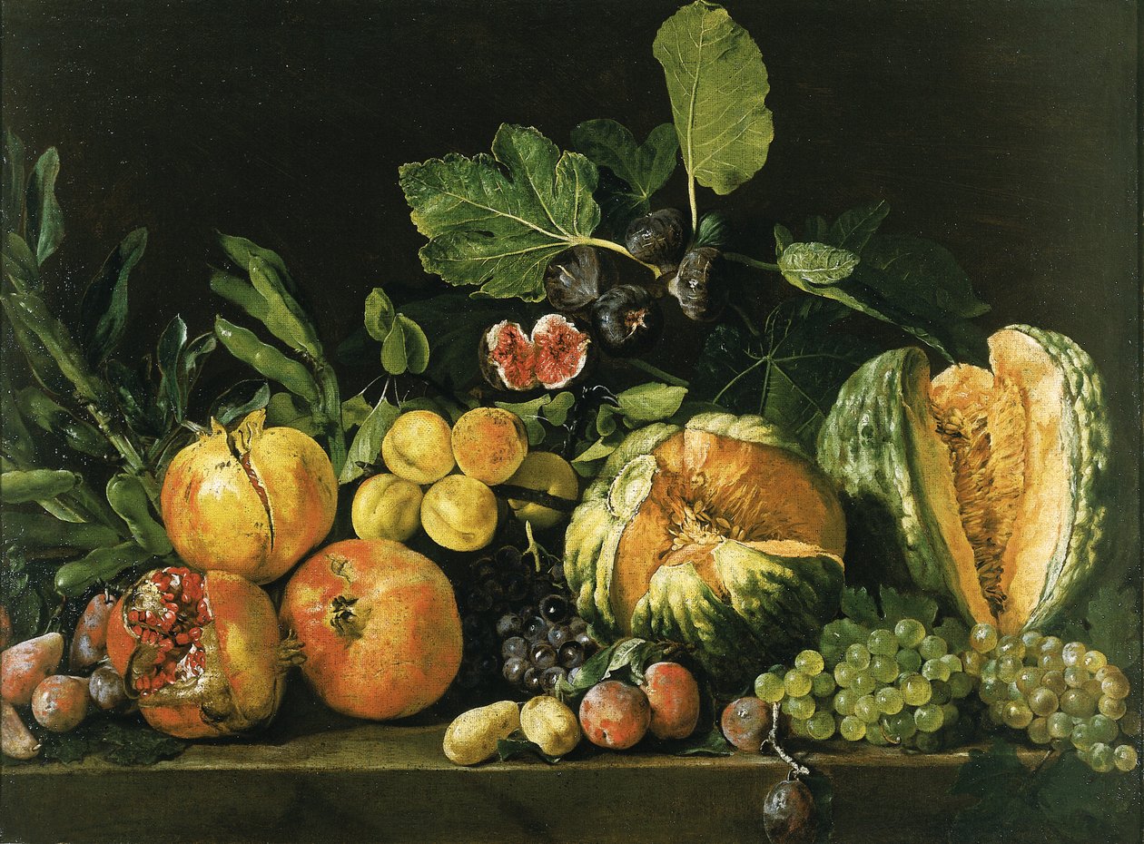 Gránátalma, dinnye, szőlő, őszibarack, füge és egyéb gyümölcsök egy kőpárkányon alkotó: Master of the Acquavella Still Life